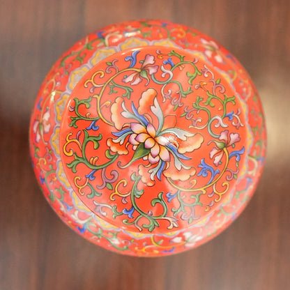 Coral Red Enamel Lotus Ceramic Lidded Jar