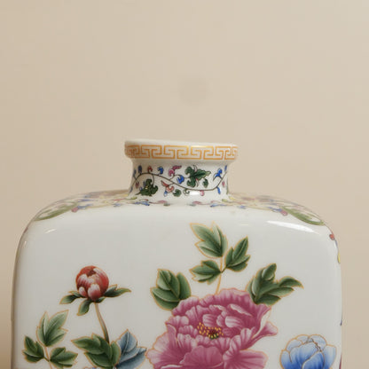 Peony Bouquet Ceramic Rectangular Flask Vase