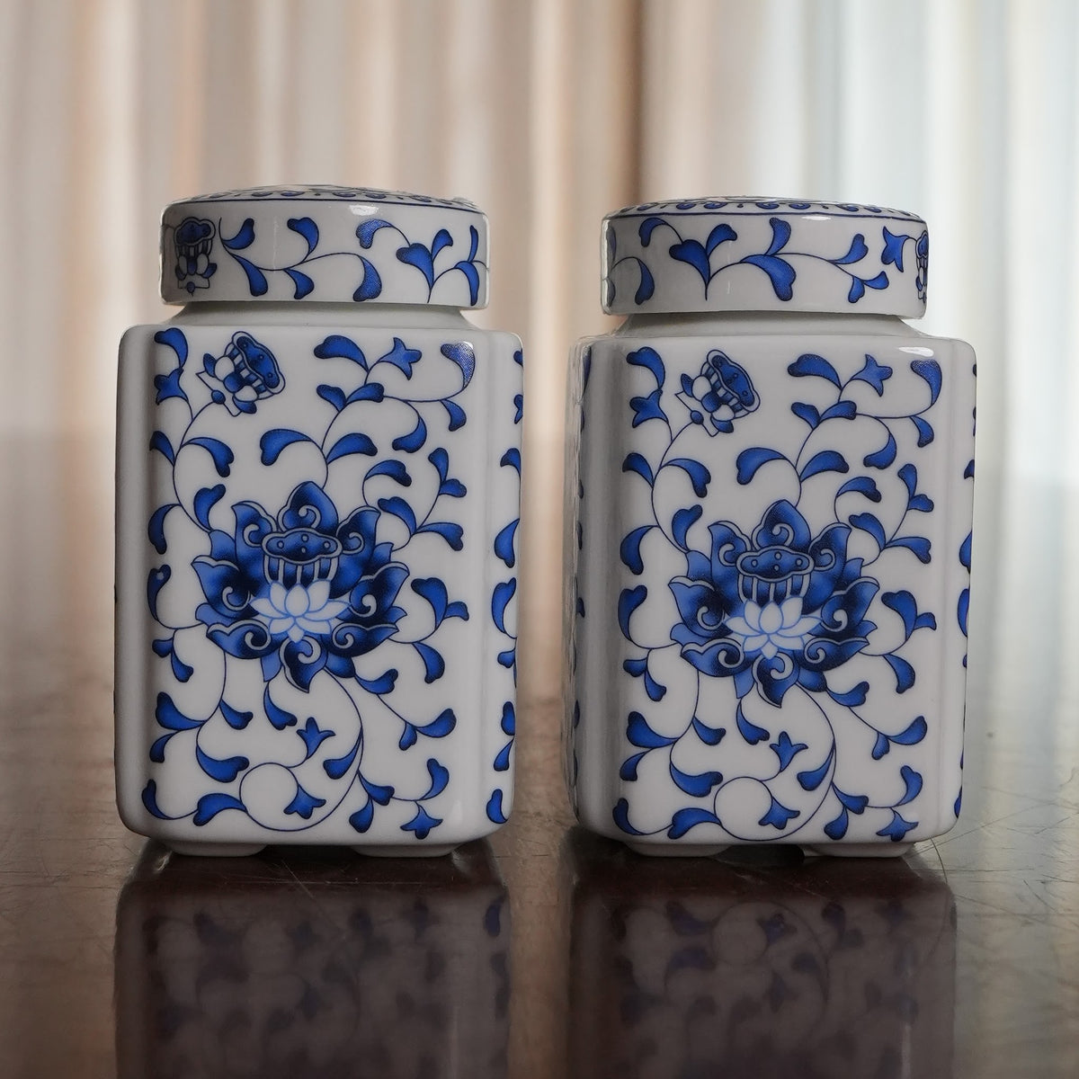 Blue Lotus Scroll Ceramic Square Lidded Jar (Set of 2)