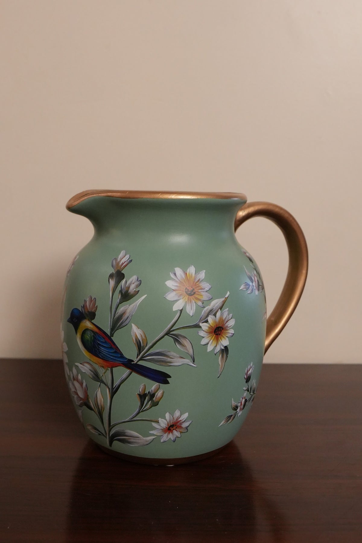 Sage Green Bird & Blossom Ceramic Jug