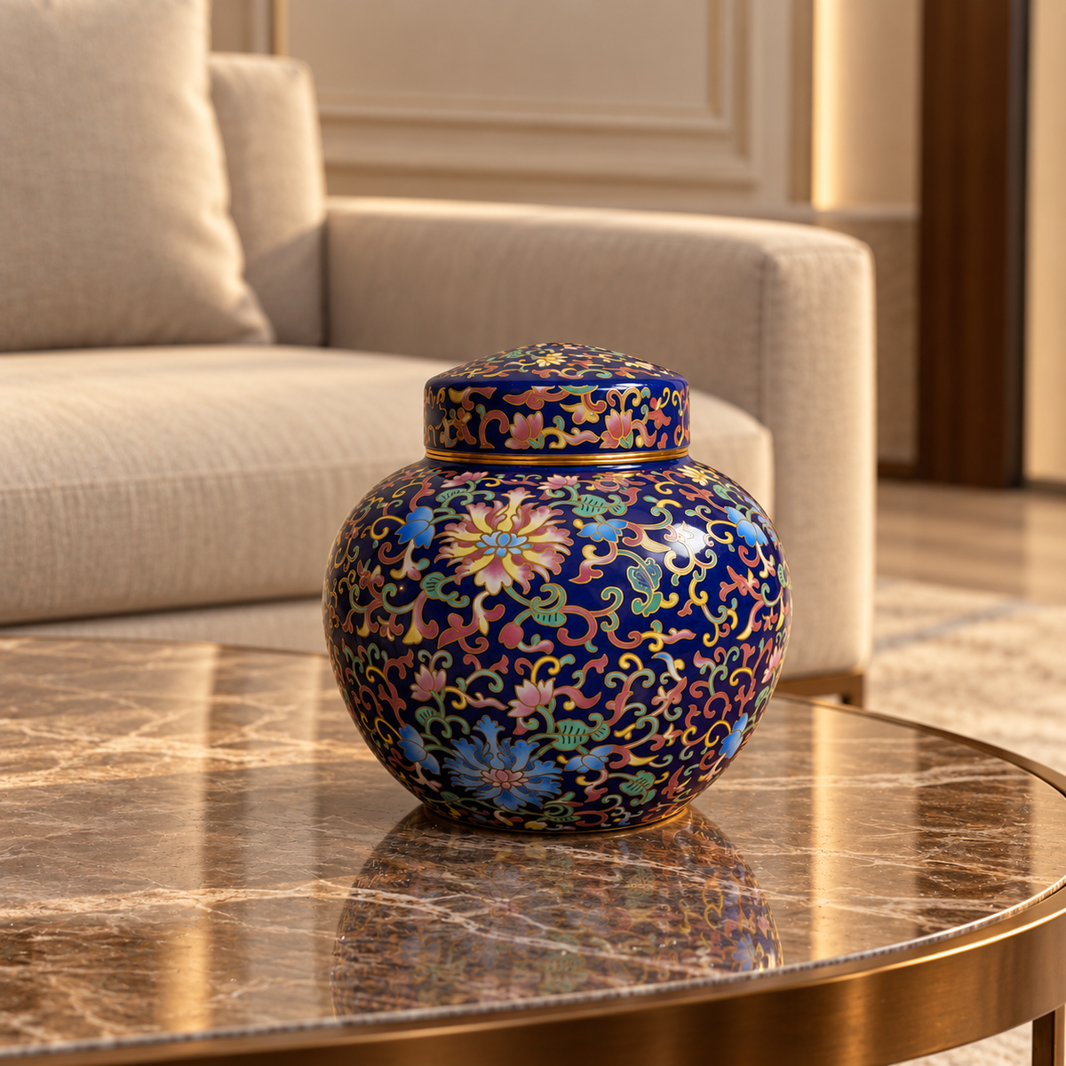 Cobalt Blue Enamel Floral Ceramic Round Lidded Jar