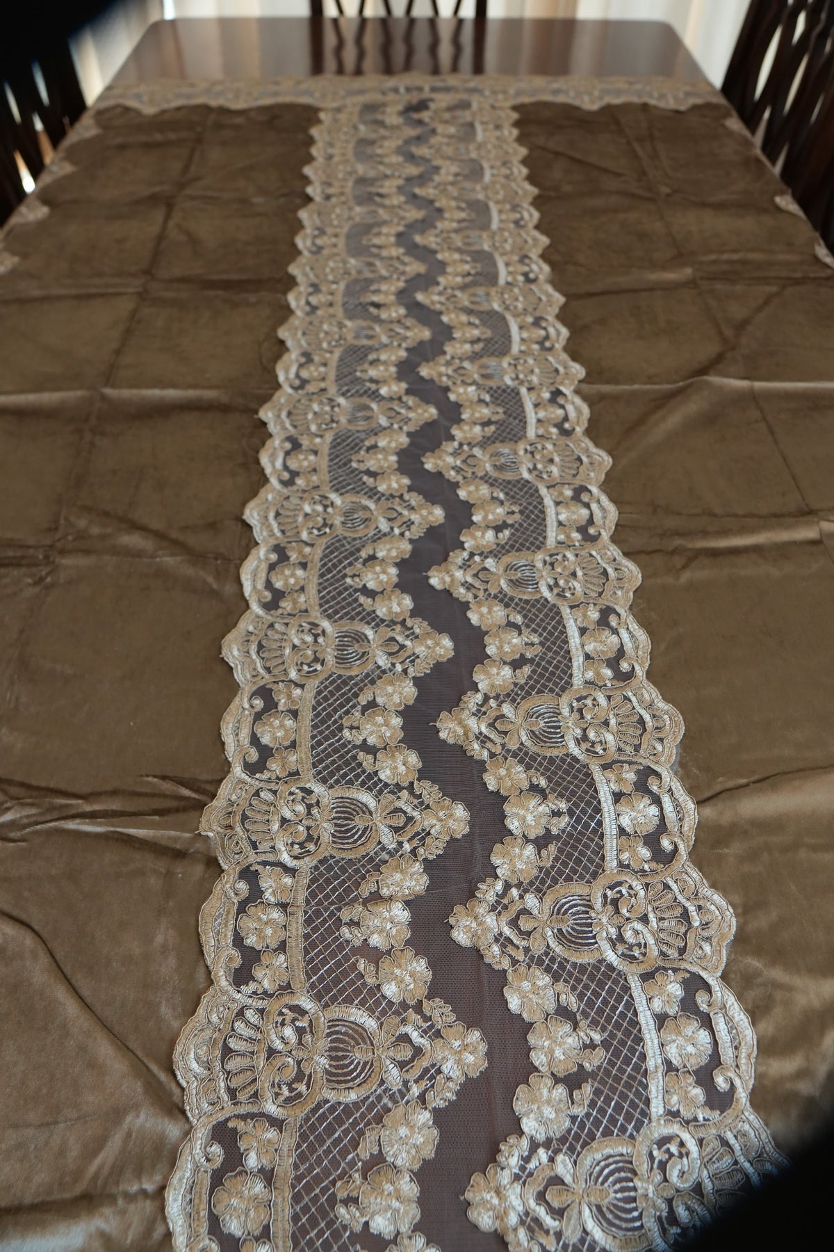 Bronze Satin Table Sheet with Embroidered Lace Panels (6 Seater)