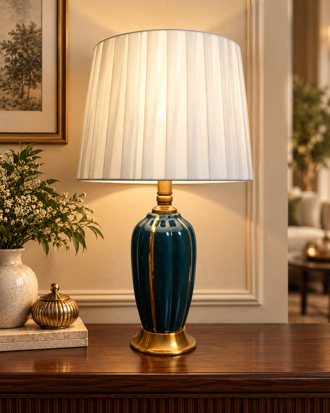 Teal Fluted Ceramic Table Lamp with Gold Stripes