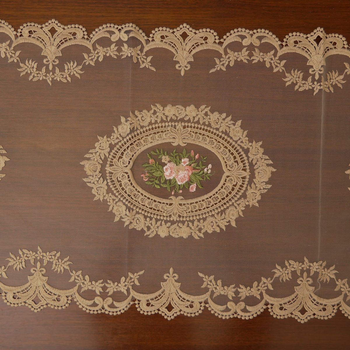 Gold Rose Medallion Sheer Lace Table Runner (Long)