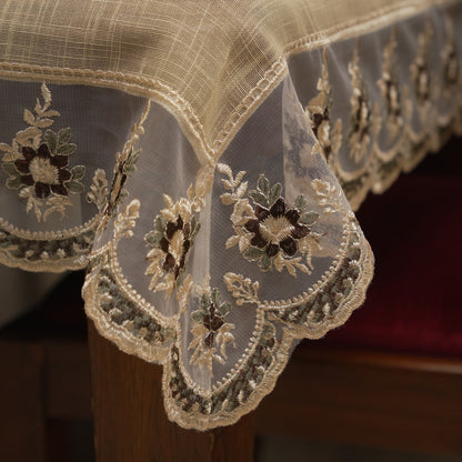 Close-up of the sheer lace border with embroidered floral motifs