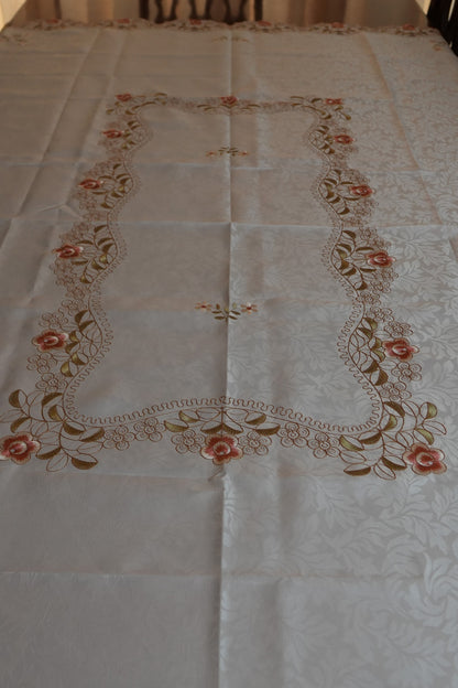 Pink Rose Embroidered Cutwork White Table Sheet (6 Seater)