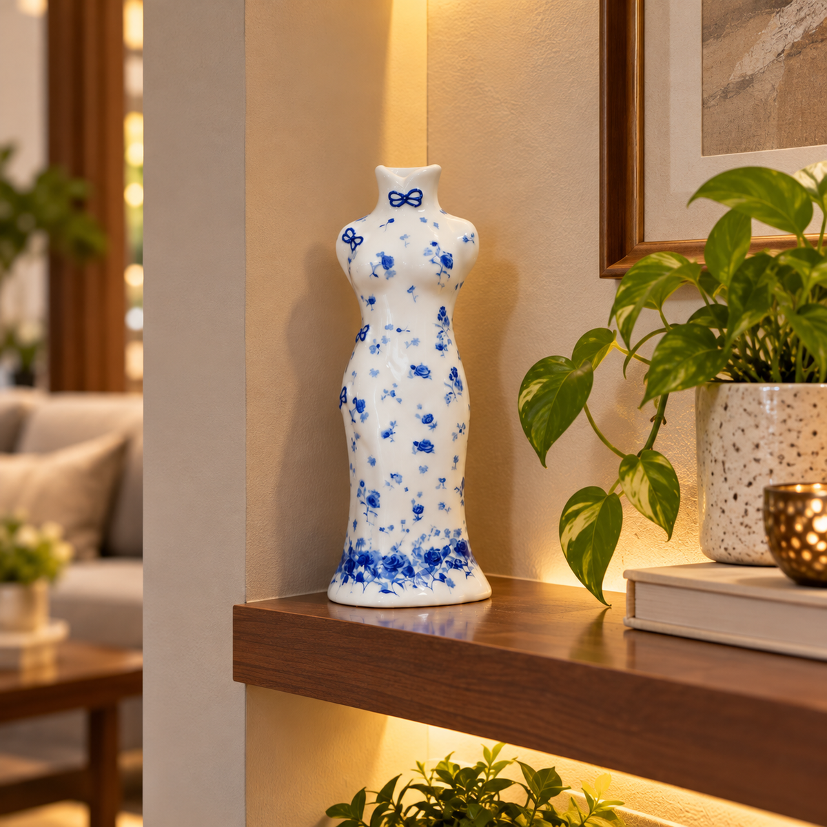 Blue Rose Qipao Lady Ceramic Bud Vase