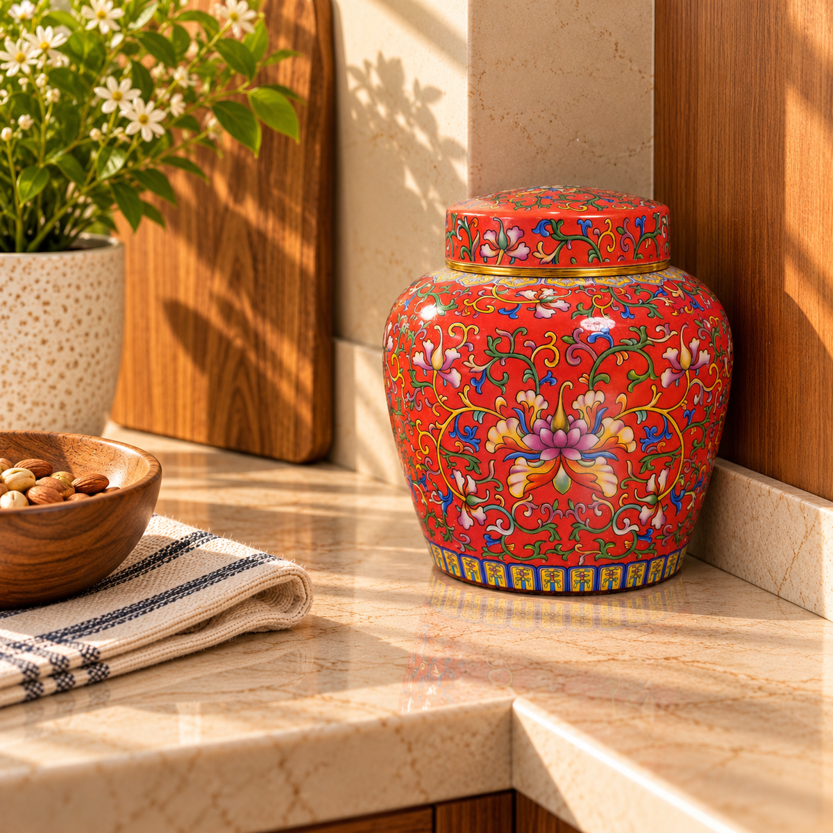 Coral Red Enamel Lotus Ceramic Lidded Jar
