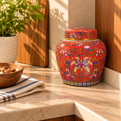 Coral Red Enamel Lotus Ceramic Lidded Jar