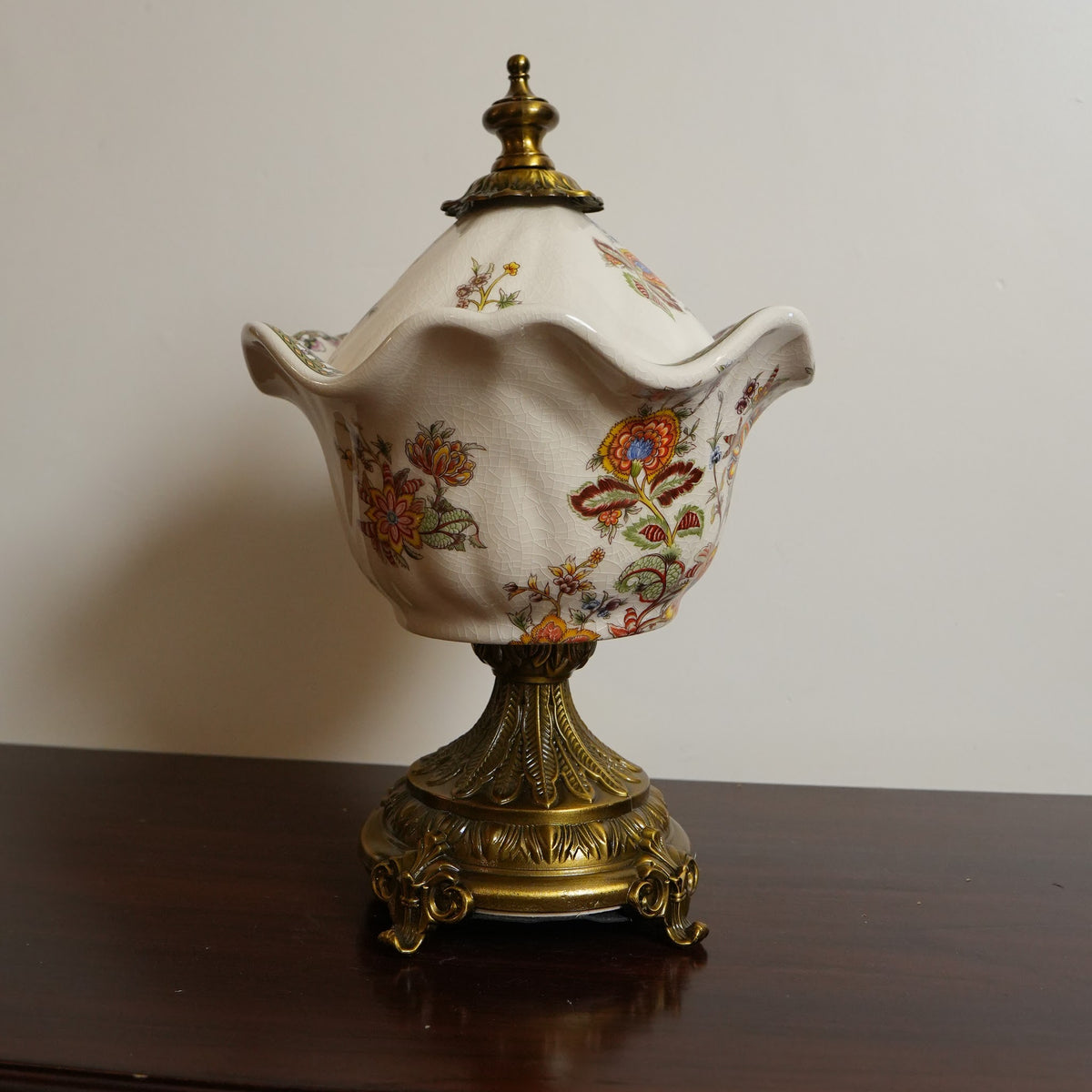Ivory Jacobean Floral Ceramic Scalloped Lidded Urn with Brass Pedestal