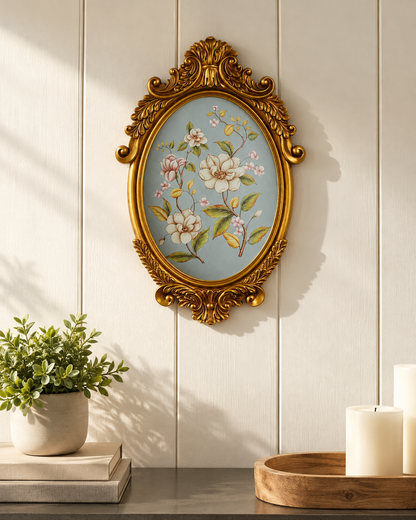 Powder Blue Magnolia Oval Wall Plaque with Gold Baroque Frame