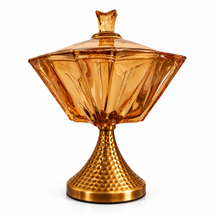 Amber Glass Lidded Pedestal Bowl with Hammered Gold Stand