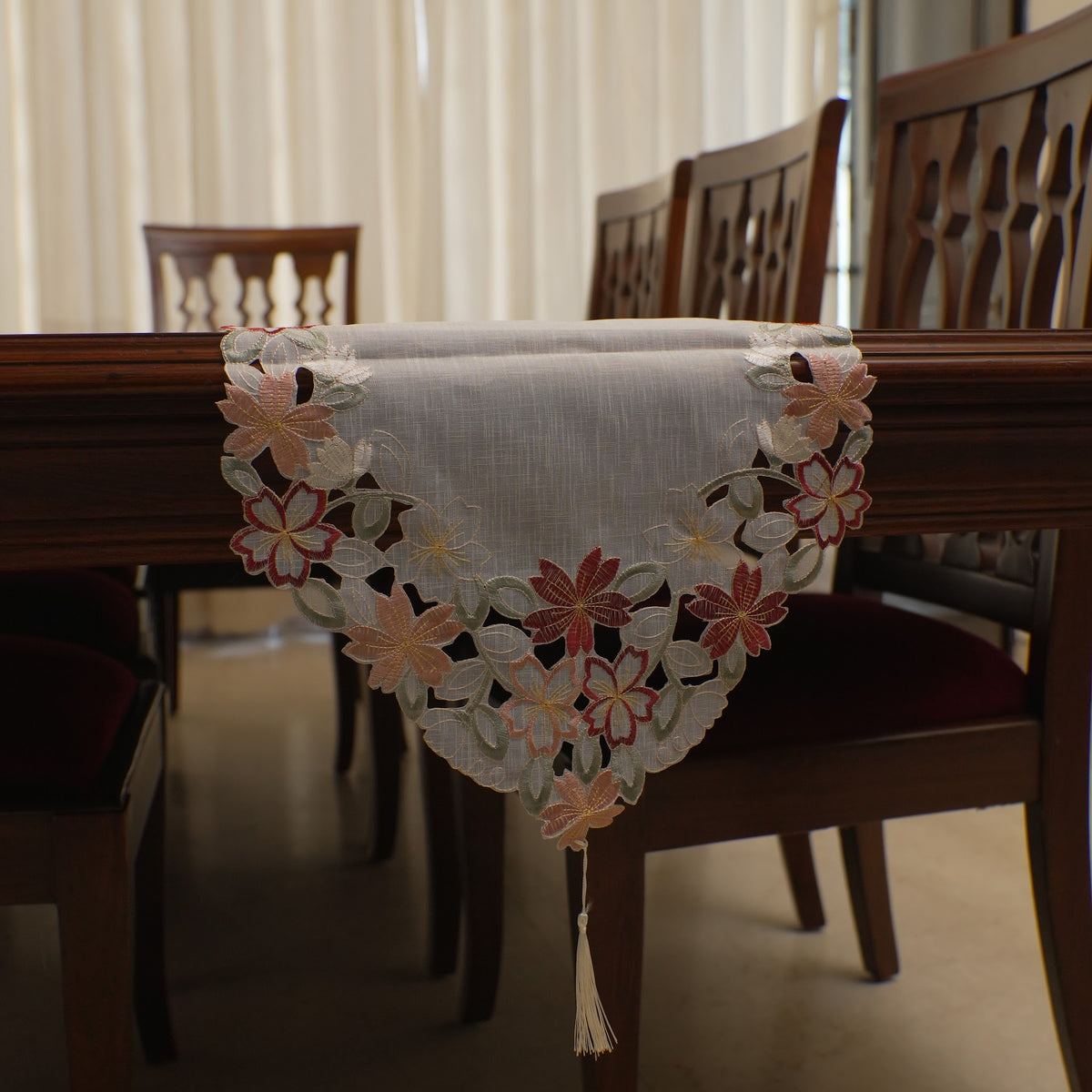 Red & Peach Floral Cutwork Linen Table Runner (Long)