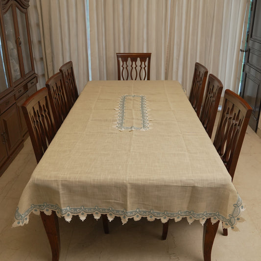 Aqua lace border table sheet on a 10 seater dining table