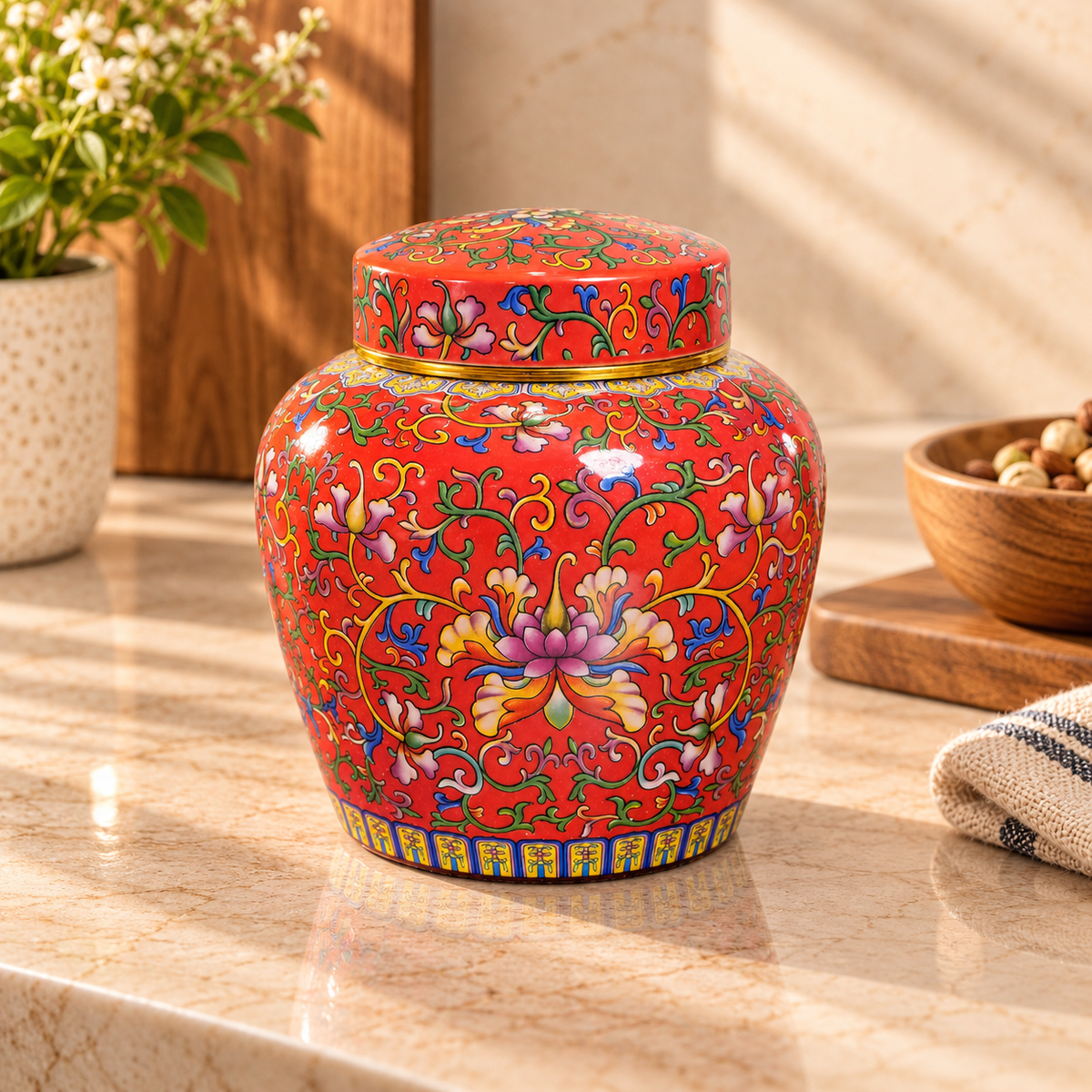 Coral Red Enamel Lotus Ceramic Lidded Jar