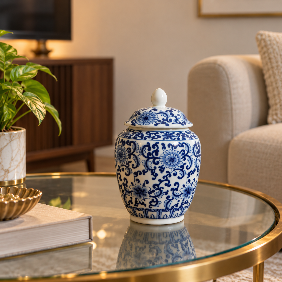 Blue Chrysanthemum Scroll Ceramic Lidded Jar