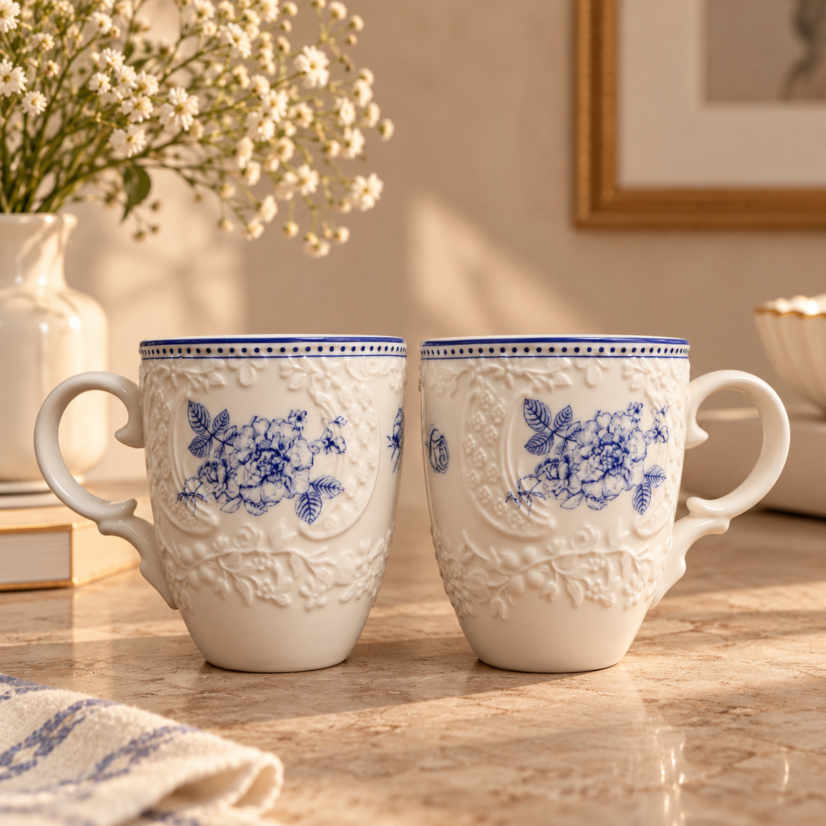 Delft Rose Embossed Ceramic Mug (Set of 2)