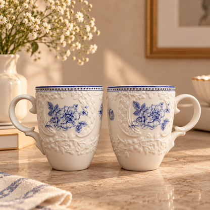 Delft Rose Embossed Ceramic Mug (Set of 2)