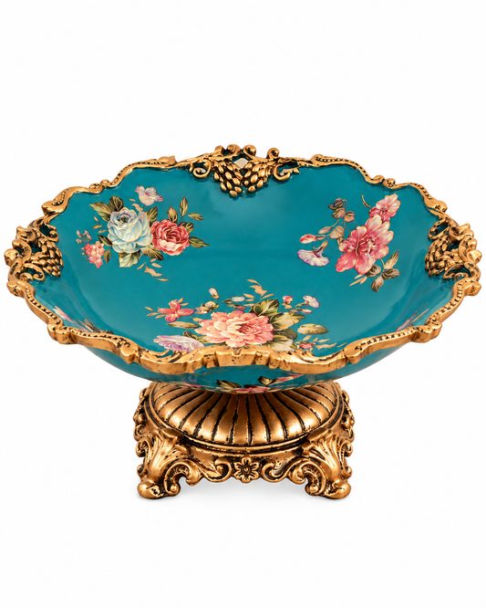 Teal Floral Ceramic Centerpiece Bowl on Gold Stand