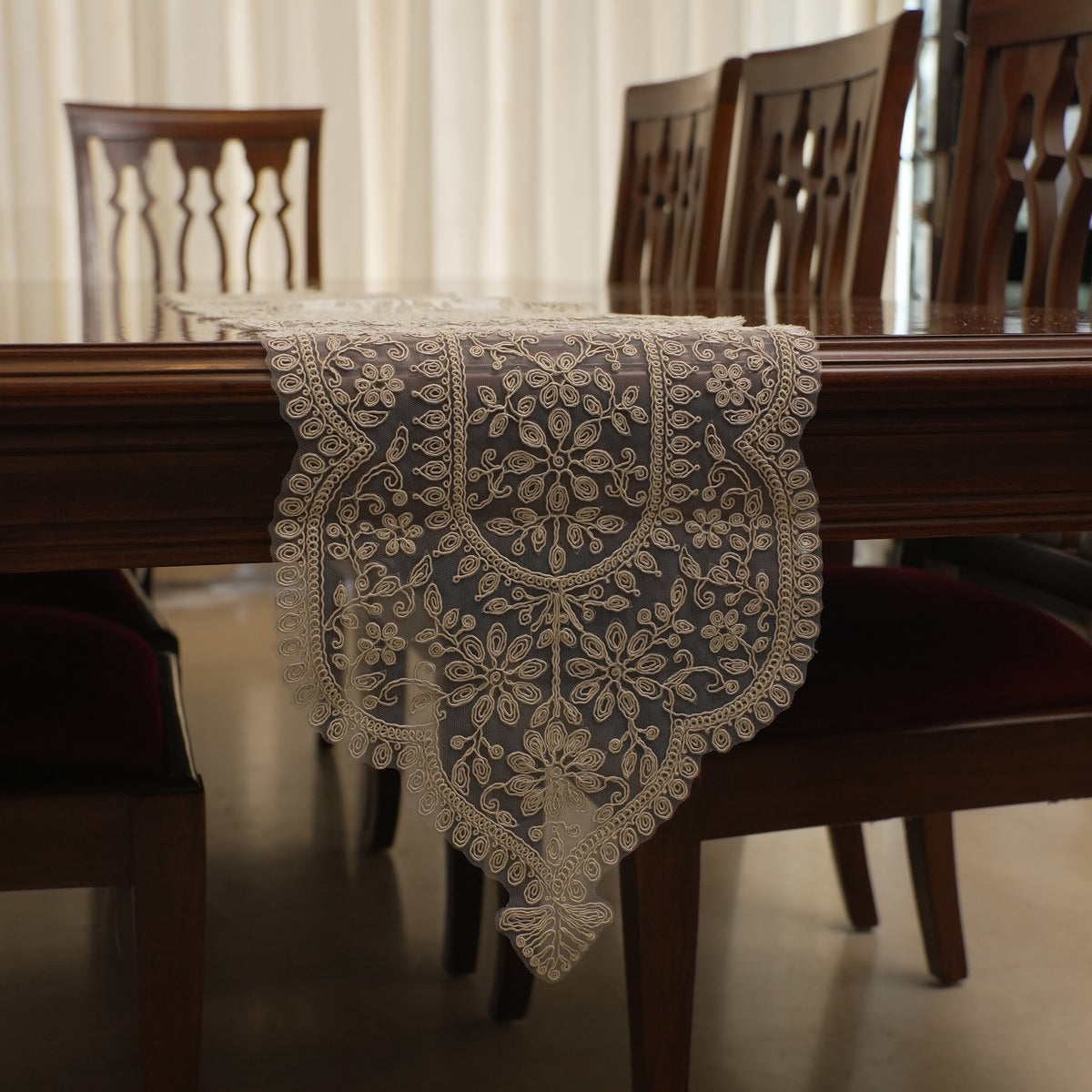 Ivory Greek Key Medallion Lace Table Runner (Long)