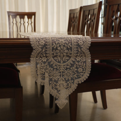 Ivory Greek Key Medallion Lace Table Runner (Long)