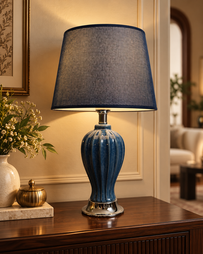 Cobalt Blue Speckled Fluted Ceramic Table Lamp with Navy Shade