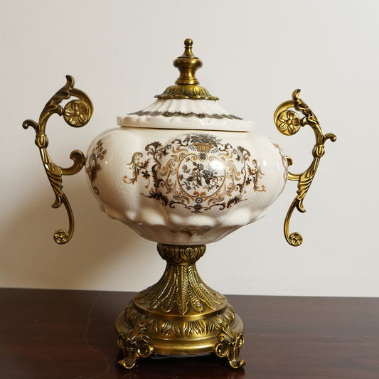 Ivory Baroque Ceramic Lidded Urn with Gold Scroll Handles & Pedestal