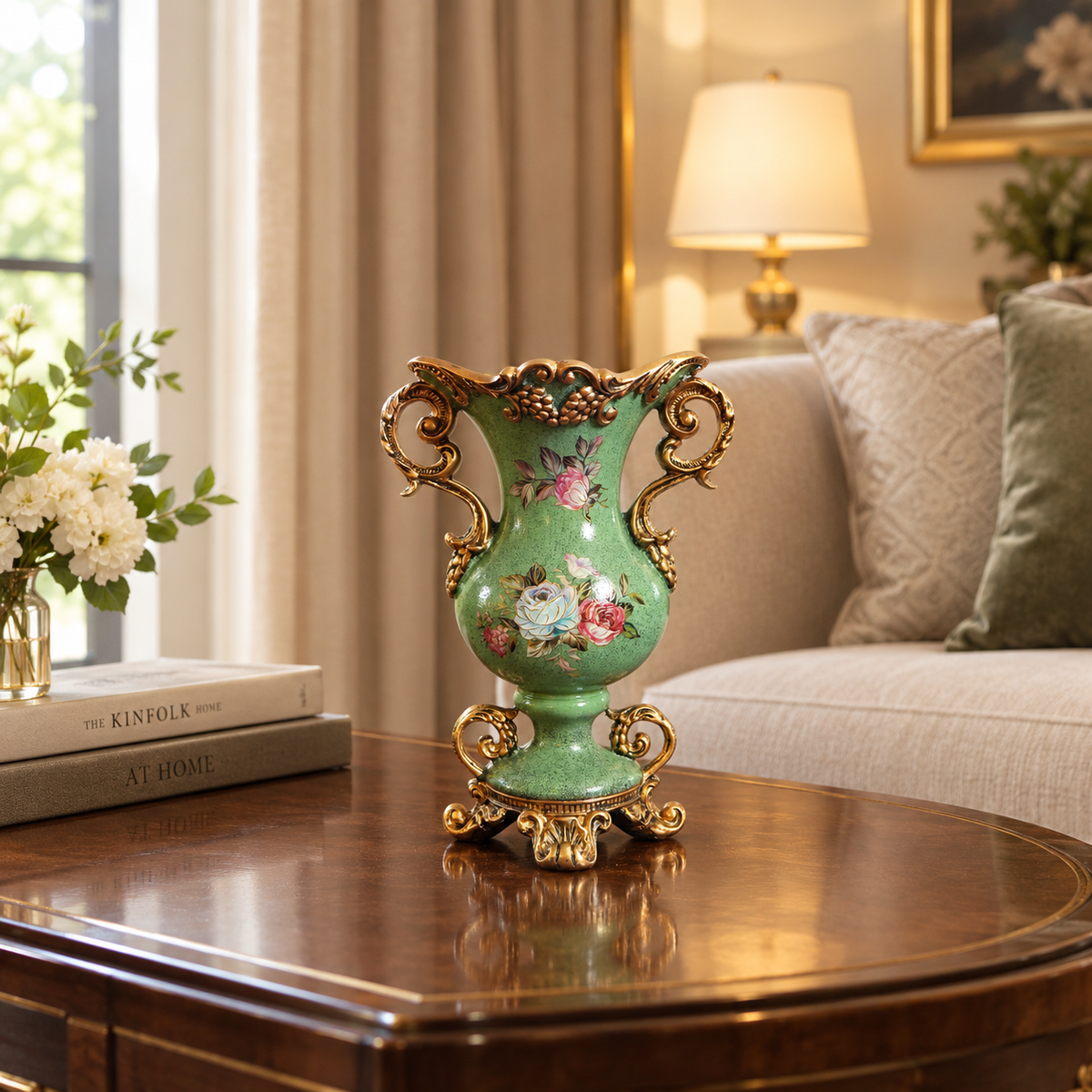 Sage Green Rose Ceramic Vase with Ornate Gold Rim, Handles & Pedestal