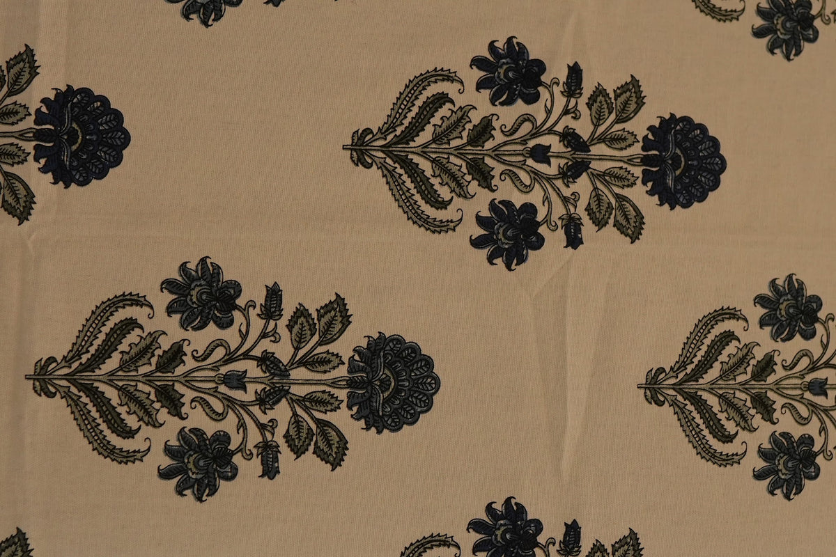 Navy Floral Buta Print Table Sheet with Blue Border (6 Seater)
