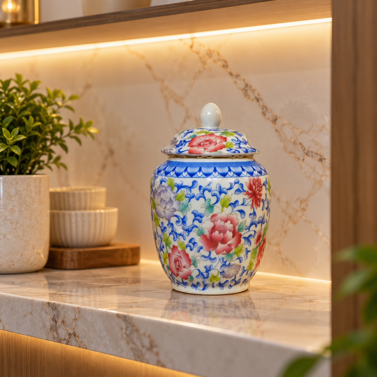 Pink Peony & Blue Scroll Ceramic Lidded Jar