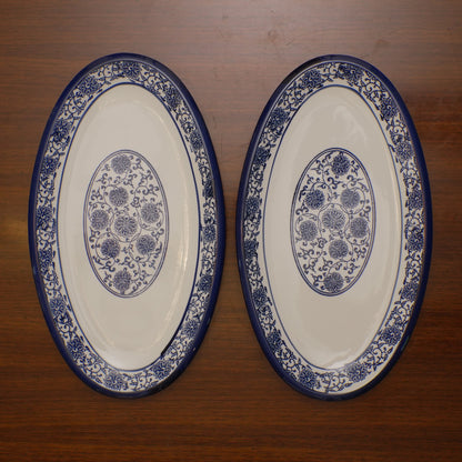 Blue Floral Ceramic Serveware - Oval Serving Platter (Large) | Set of 2