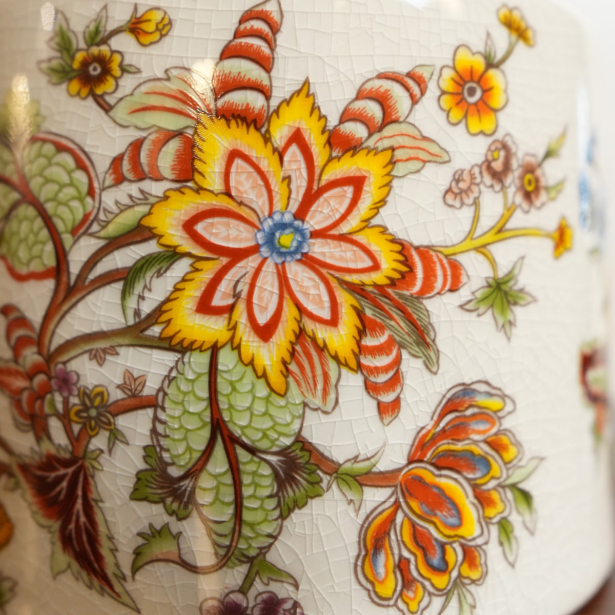 Ivory Jacobean Floral Ceramic Round Jar with Brass Finial Lid