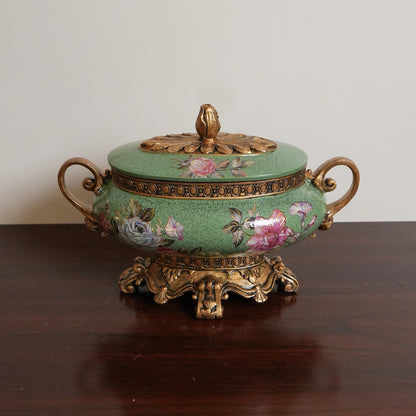 Sage Green Rose Ceramic Lidded Bowl with Gold Handles & Ornate Base