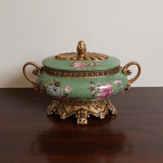 Sage Green Rose Ceramic Lidded Bowl with Gold Handles & Ornate Base