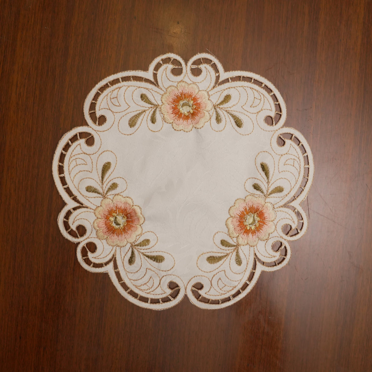 Peach Floral Embroidered Cutwork Round Table Mat (Set of 2)