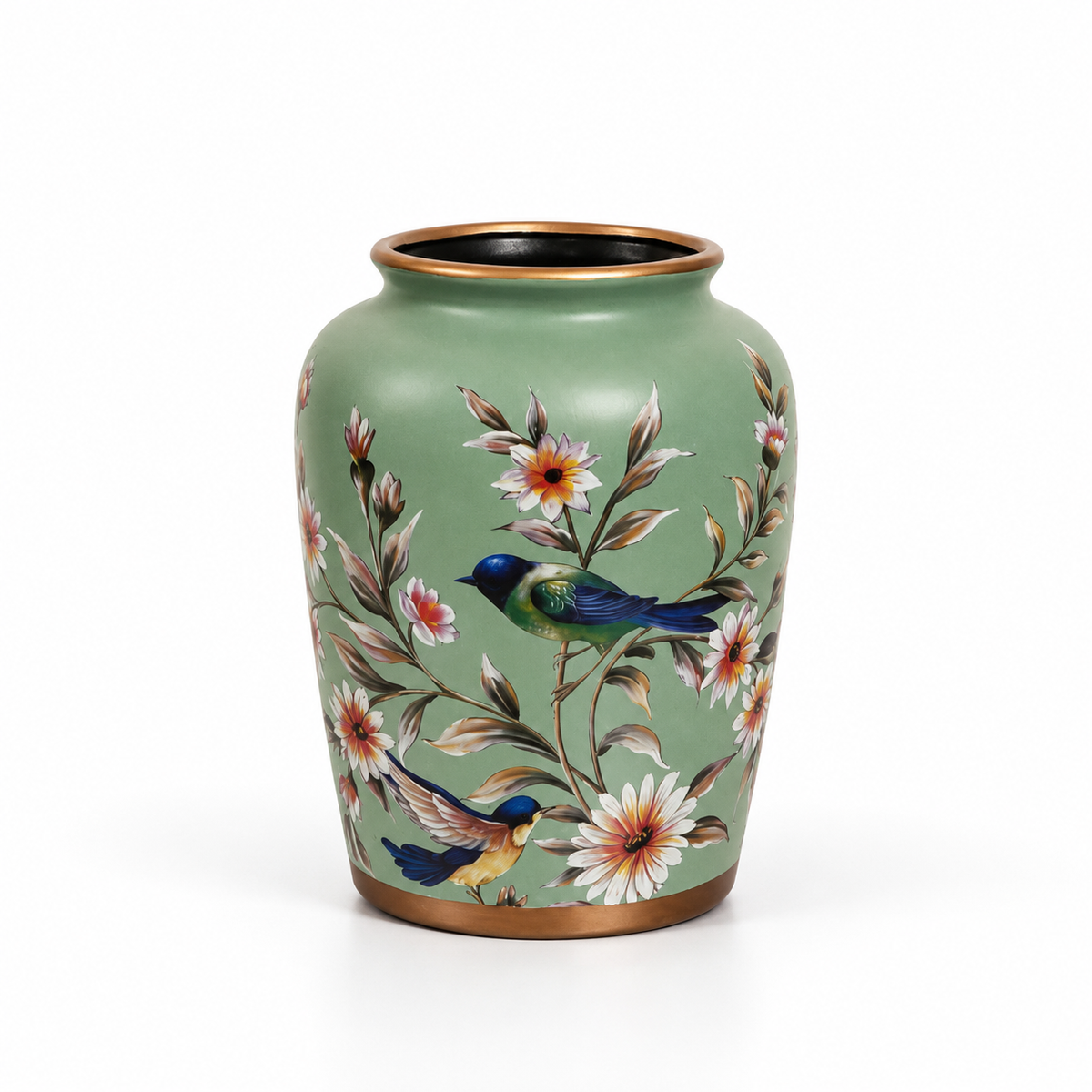 Sage Green Bird & Blossom Wide-Mouth Ceramic Vase