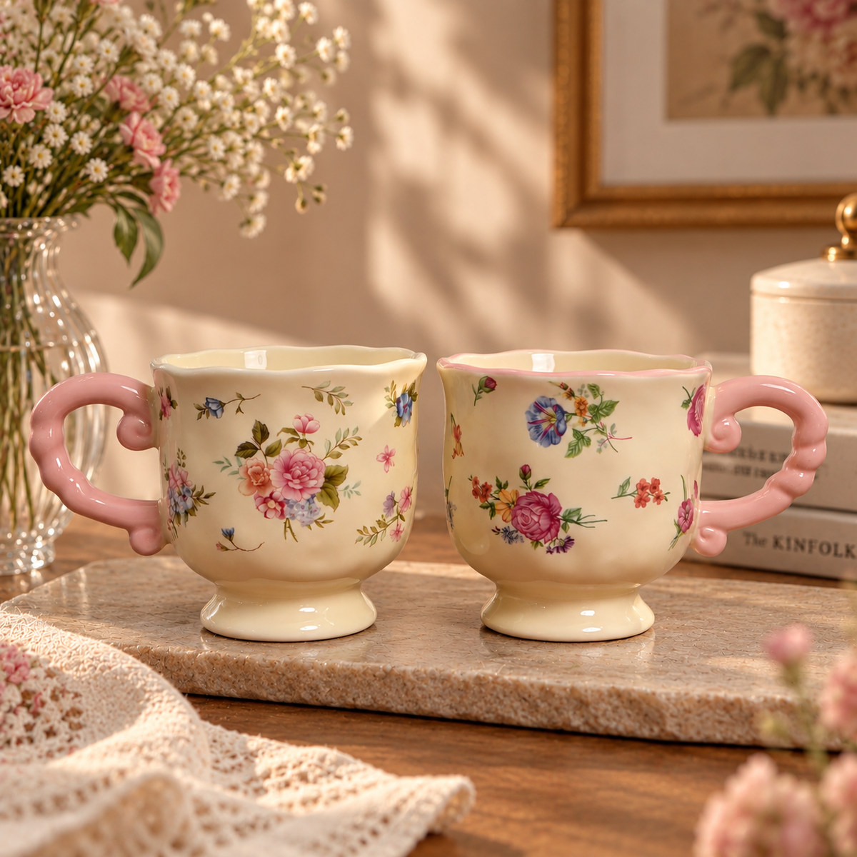 Cottage Bloom Ceramic Mug with Pink Twisted Handle (Set of 2)