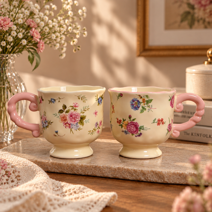 Cottage Bloom Ceramic Mug with Pink Twisted Handle (Set of 2)