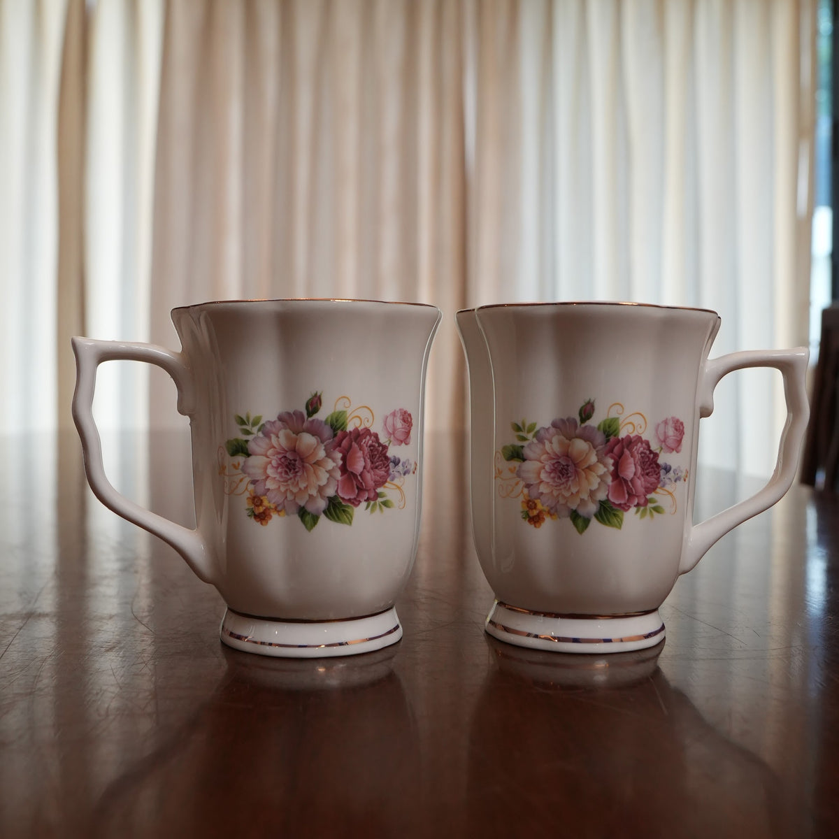 Rose Bouquet Gold Rim Ceramic Mug (Set of 2)
