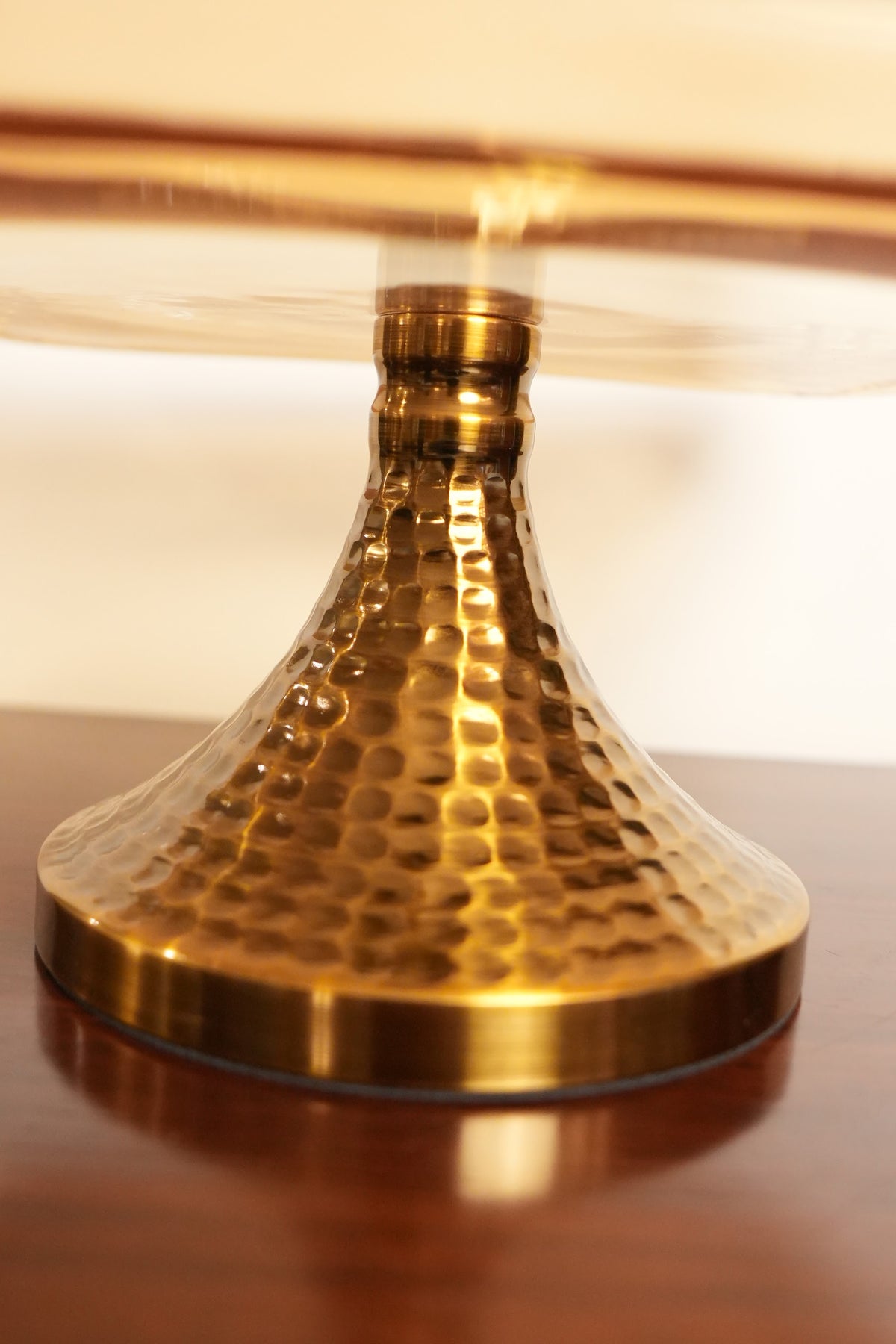 Amber Glass Square Pedestal Platter with Hammered Gold Stand
