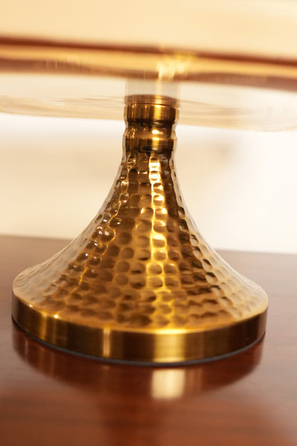 Amber Glass Square Pedestal Platter with Hammered Gold Stand