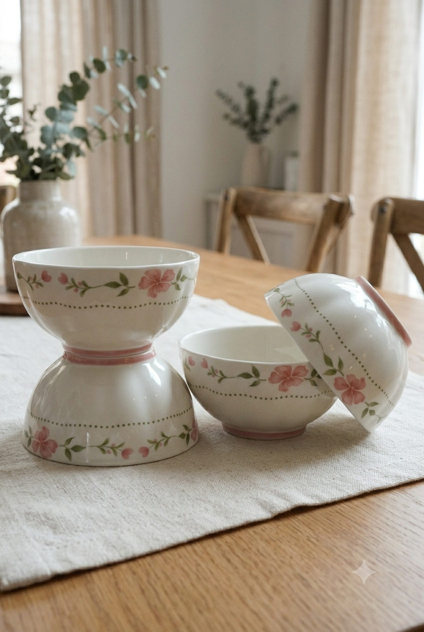 Rose Garland Ceramic Rice Bowl Set of 4