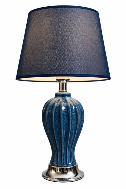 Cobalt Blue Speckled Fluted Ceramic Table Lamp with Navy Shade