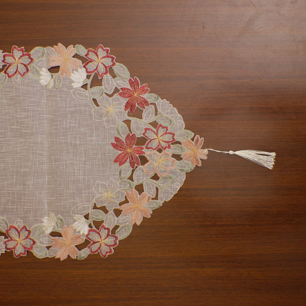 Red & Peach Floral Cutwork Linen Table Runner (Long)