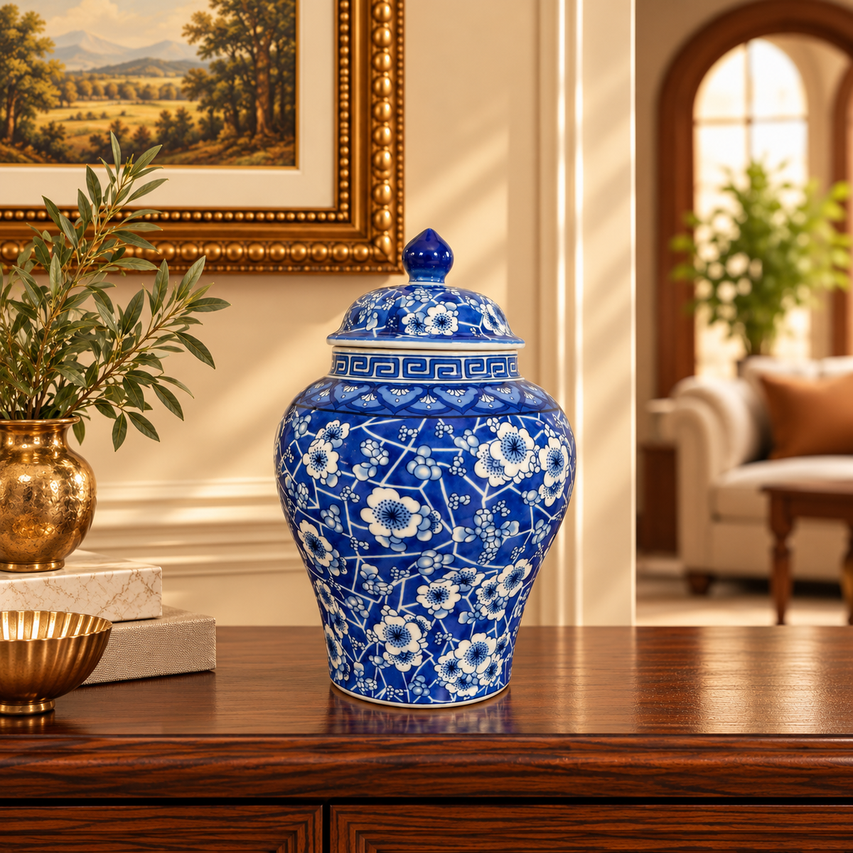 Cobalt Blue Prunus Blossom Ceramic Ginger Jar