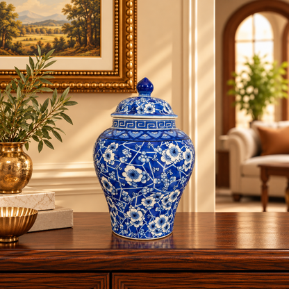 Cobalt Blue Prunus Blossom Ceramic Ginger Jar