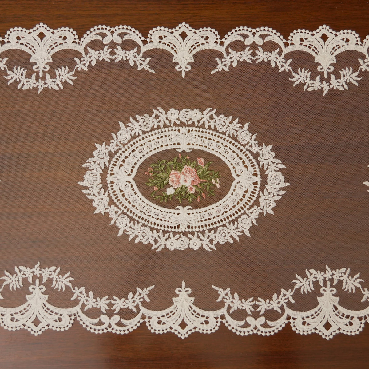 Ivory Rose Medallion Sheer Lace Table Runner (Long)
