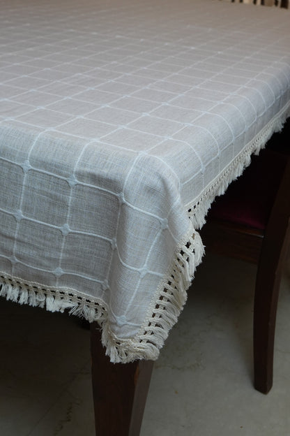 Light Beige Windowpane Check Table Cloth with Tassel Fringe (6 Seater)
