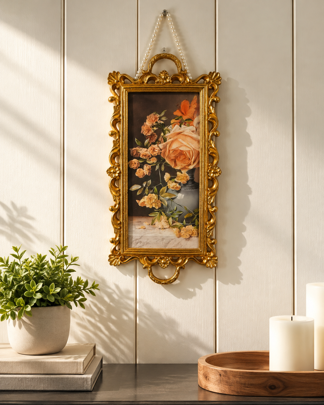 Peach Rose Art in Antique Gold Hanging Frame