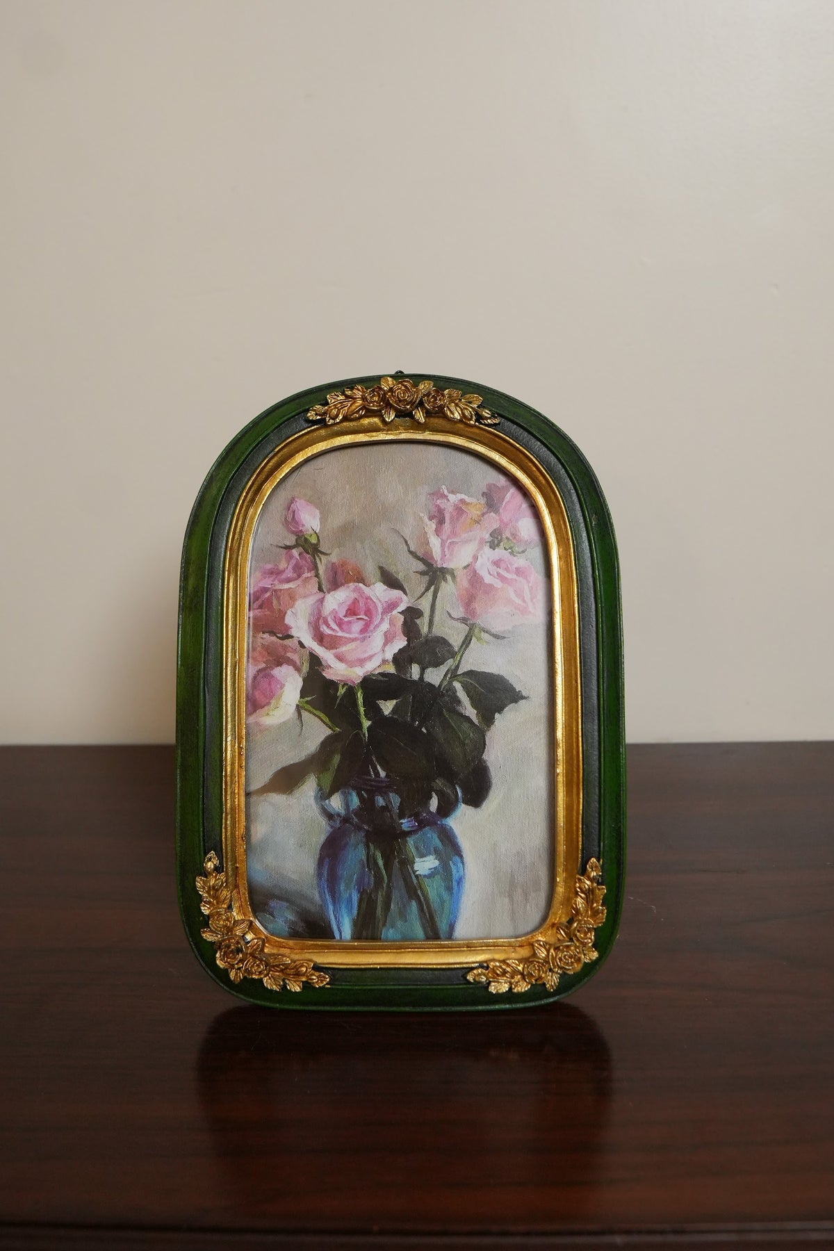 Emerald Green Arched Photo Frame with Gold Rosettes
